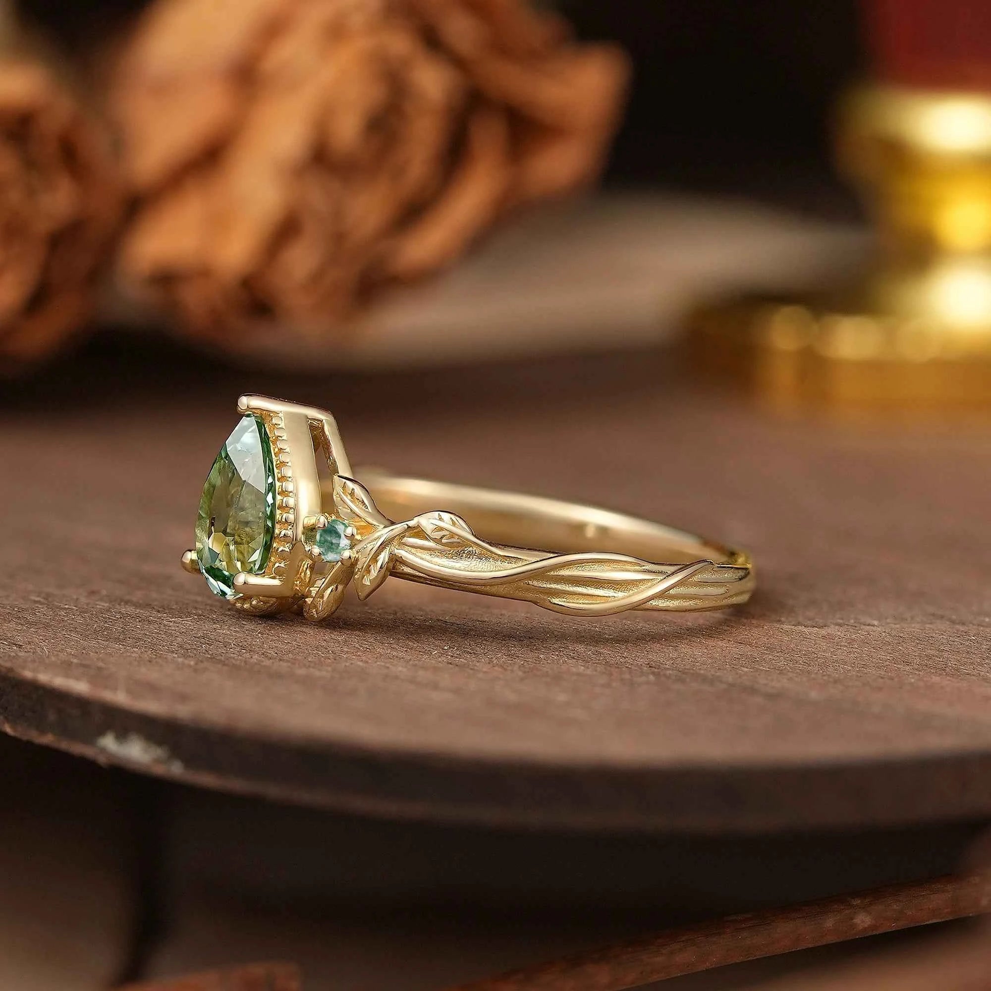 Pear Cut Green Sapphire Nature Inspired Milgrain Engagement Ring - GemsMagic