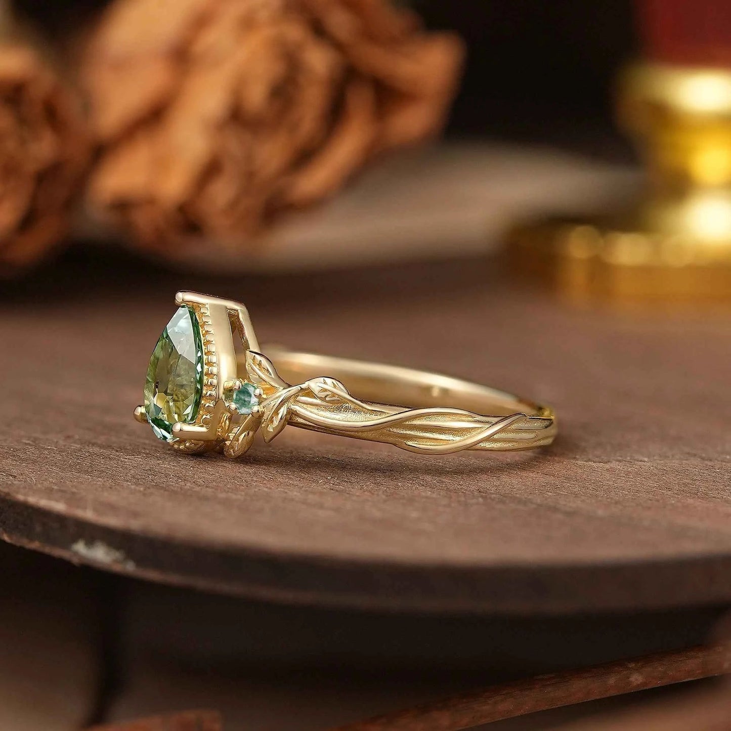 Pear Cut Green Sapphire Nature Inspired Milgrain Engagement Ring - GemsMagic