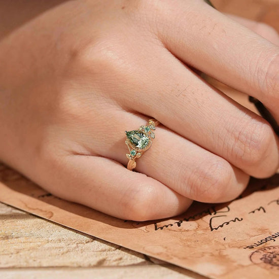 Pear Cut Green Sapphire Nature Inspired Milgrain Engagement Ring - GemsMagic