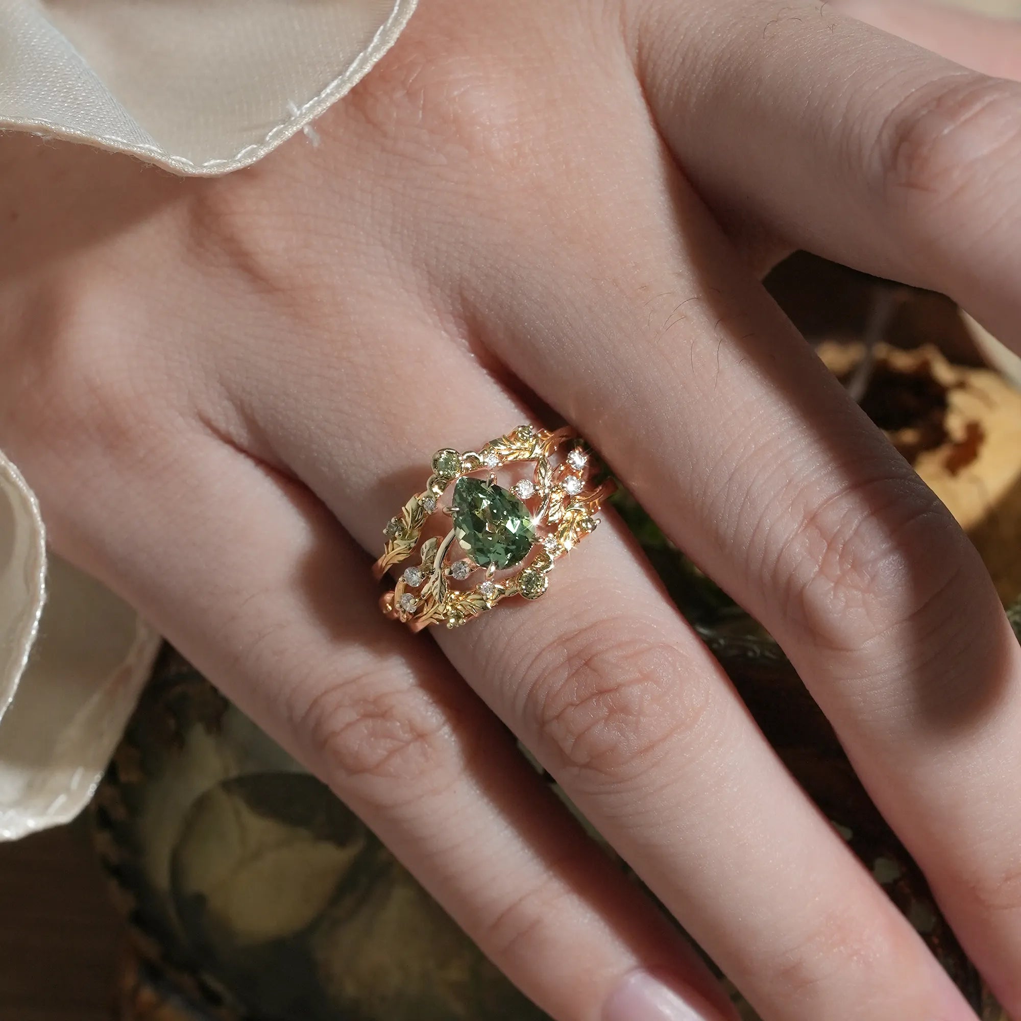 Pear Cut Green Sapphire Oak Leaf Inspired Enhancer Ring Set - Natalie - GemsMagic