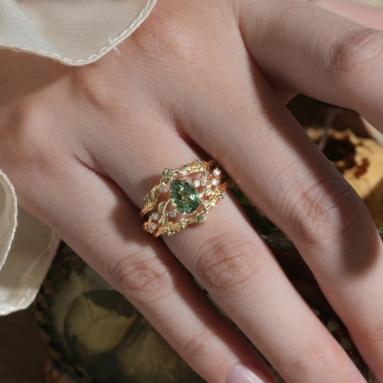 Pear Cut Green Sapphire Oak Leaf Inspired Enhancer Ring Set - Natalie - GemsMagic