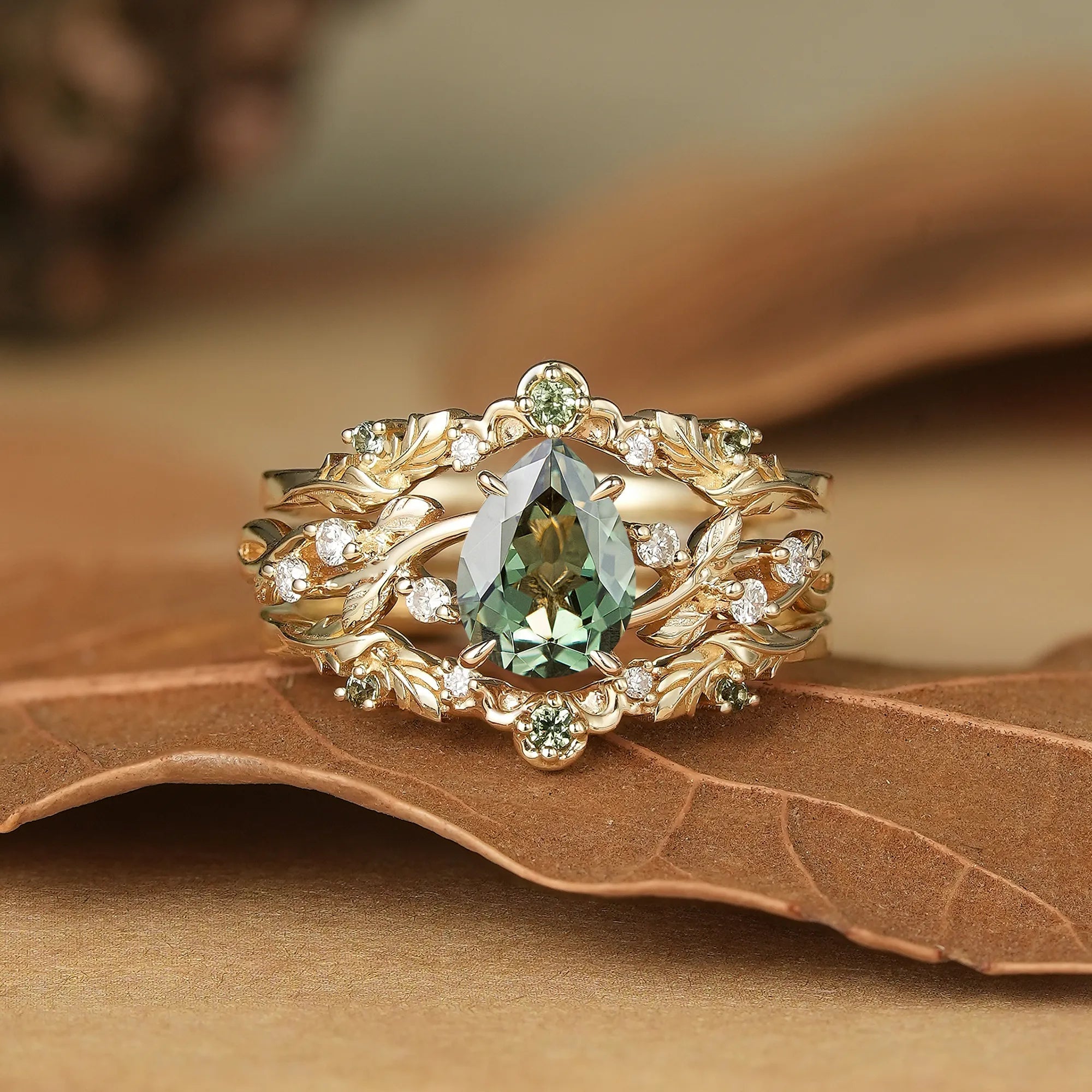 Pear Cut Green Sapphire Oak Leaf Inspired Enhancer Ring Set - Natalie - GemsMagic