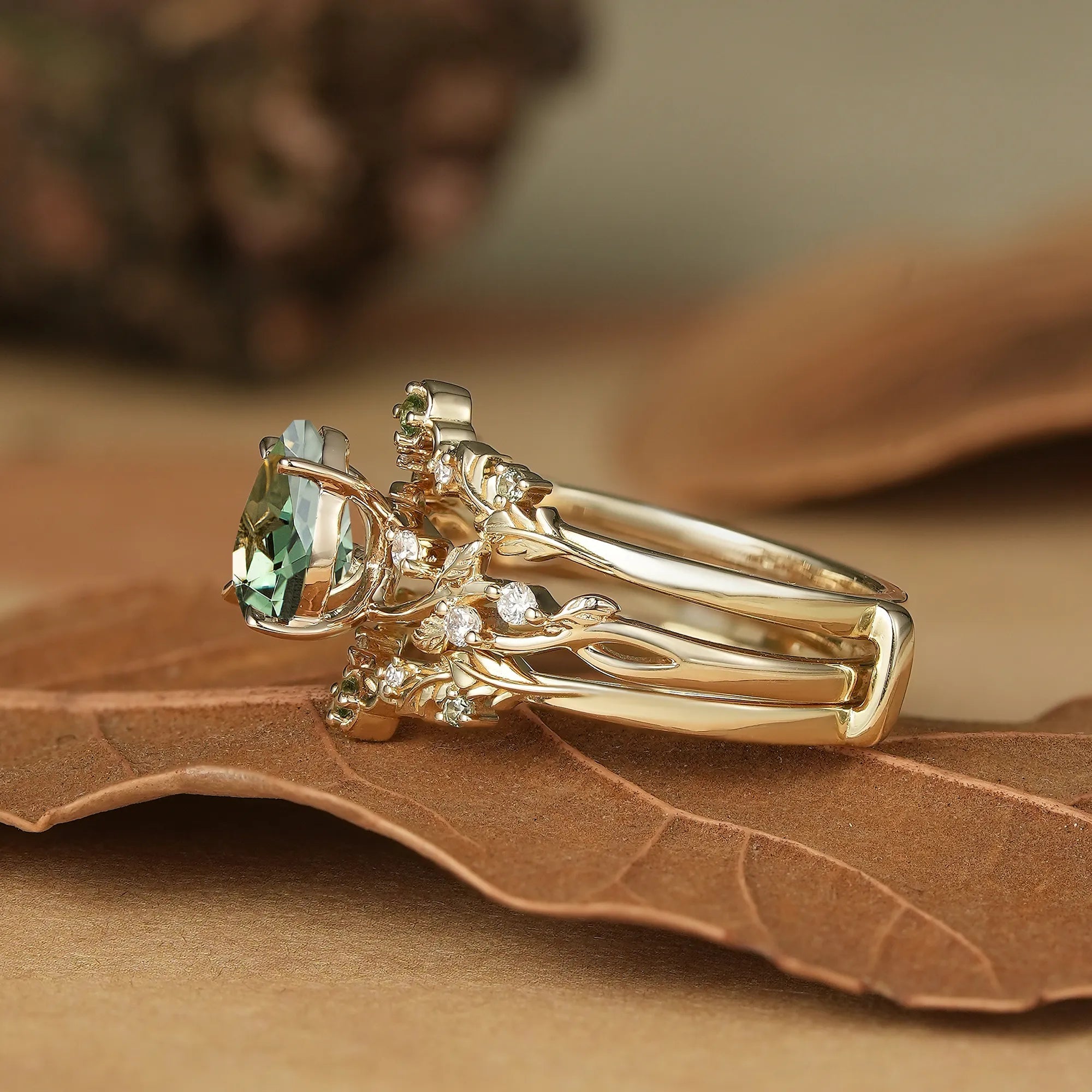 Pear Cut Green Sapphire Oak Leaf Inspired Enhancer Ring Set - Natalie - GemsMagic