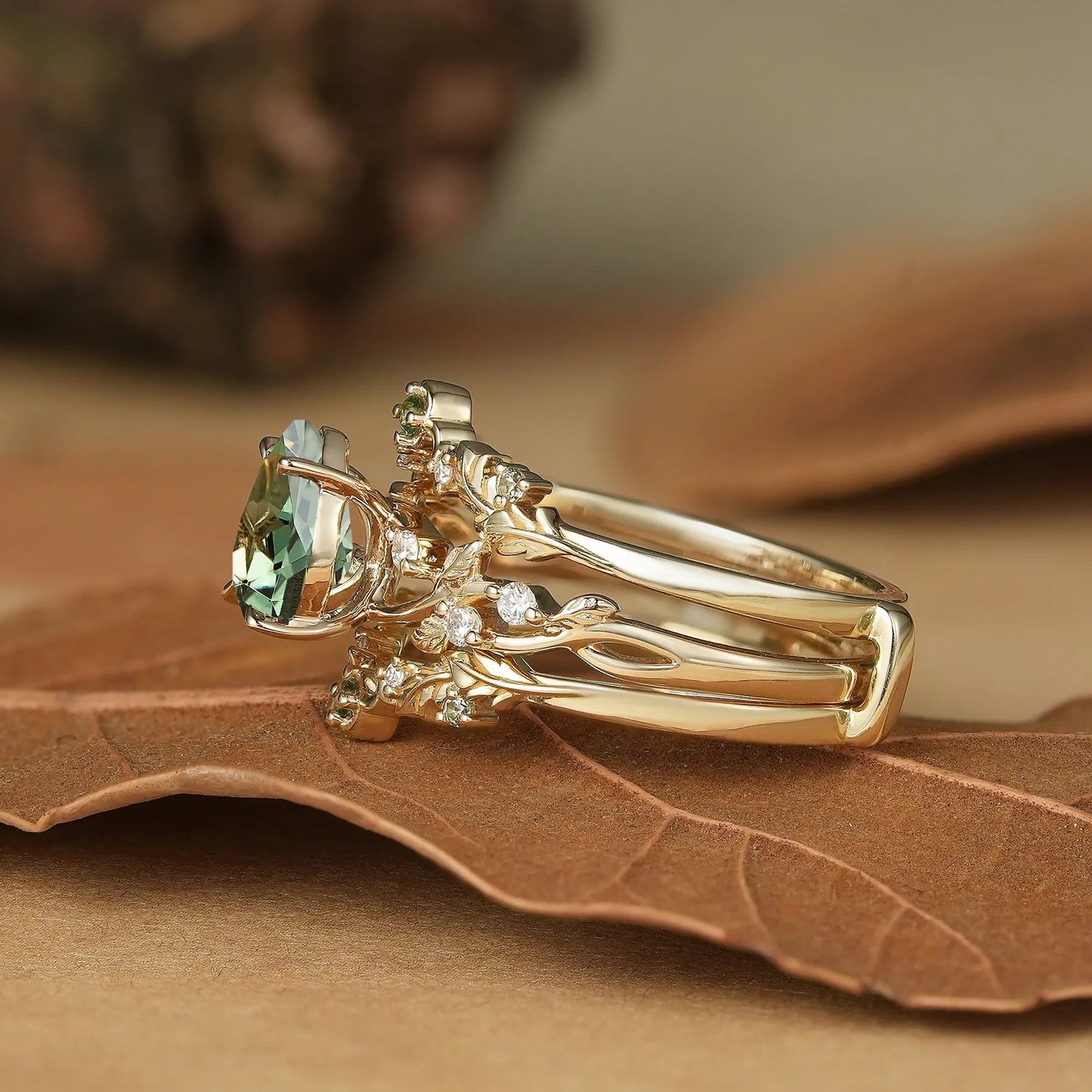 Pear Cut Green Sapphire Oak Leaf Inspired Enhancer Ring Set - Natalie - GemsMagic