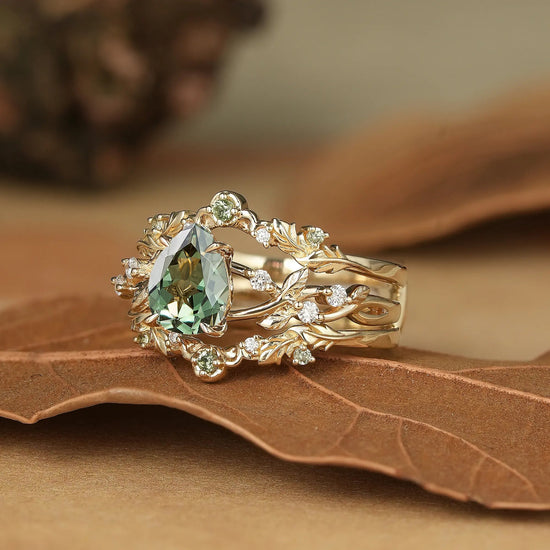 Pear Cut Green Sapphire Oak Leaf Inspired Enhancer Ring Set - Natalie - GemsMagic
