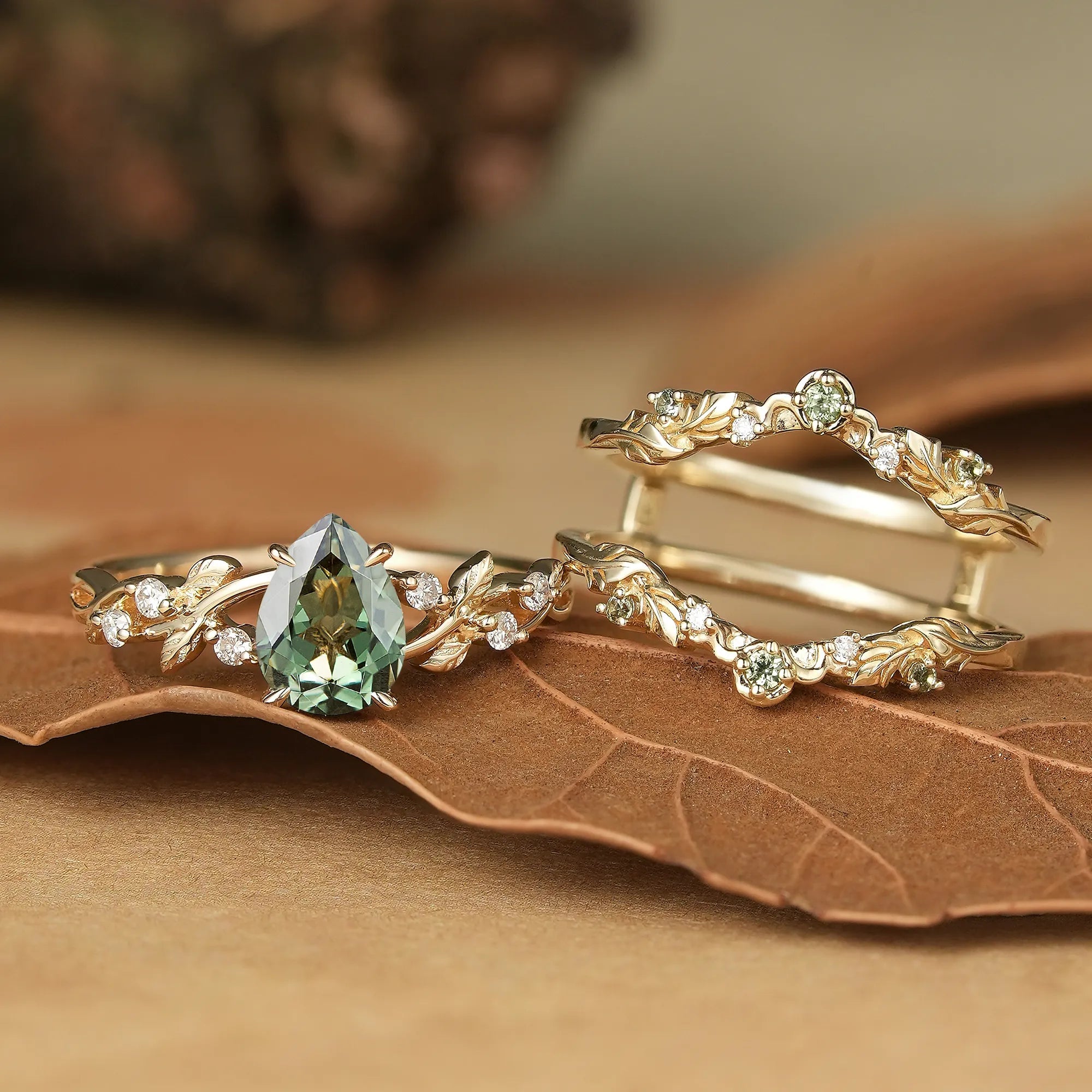 Pear Cut Green Sapphire Oak Leaf Inspired Enhancer Ring Set - Natalie - GemsMagic