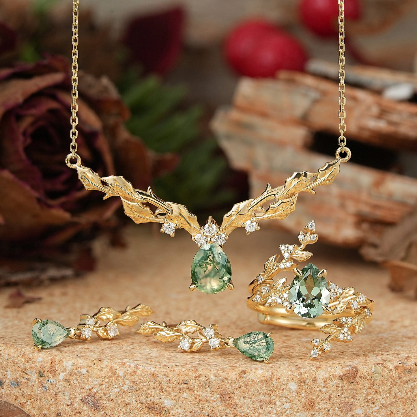 Pear Cut Jewelry Sets Leaf Inspired Mistletoe Christmas Gift For Her - Bridal Enhancer Set & Necklace & Earrings - GemsMagic