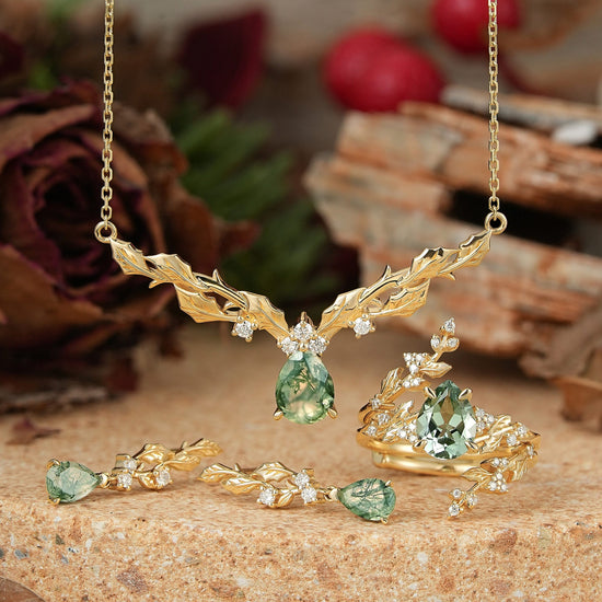 Pear Cut Jewelry Sets Leaf Inspired Mistletoe Christmas Gift For Her - Bridal Enhancer Set & Necklace & Earrings - GemsMagic
