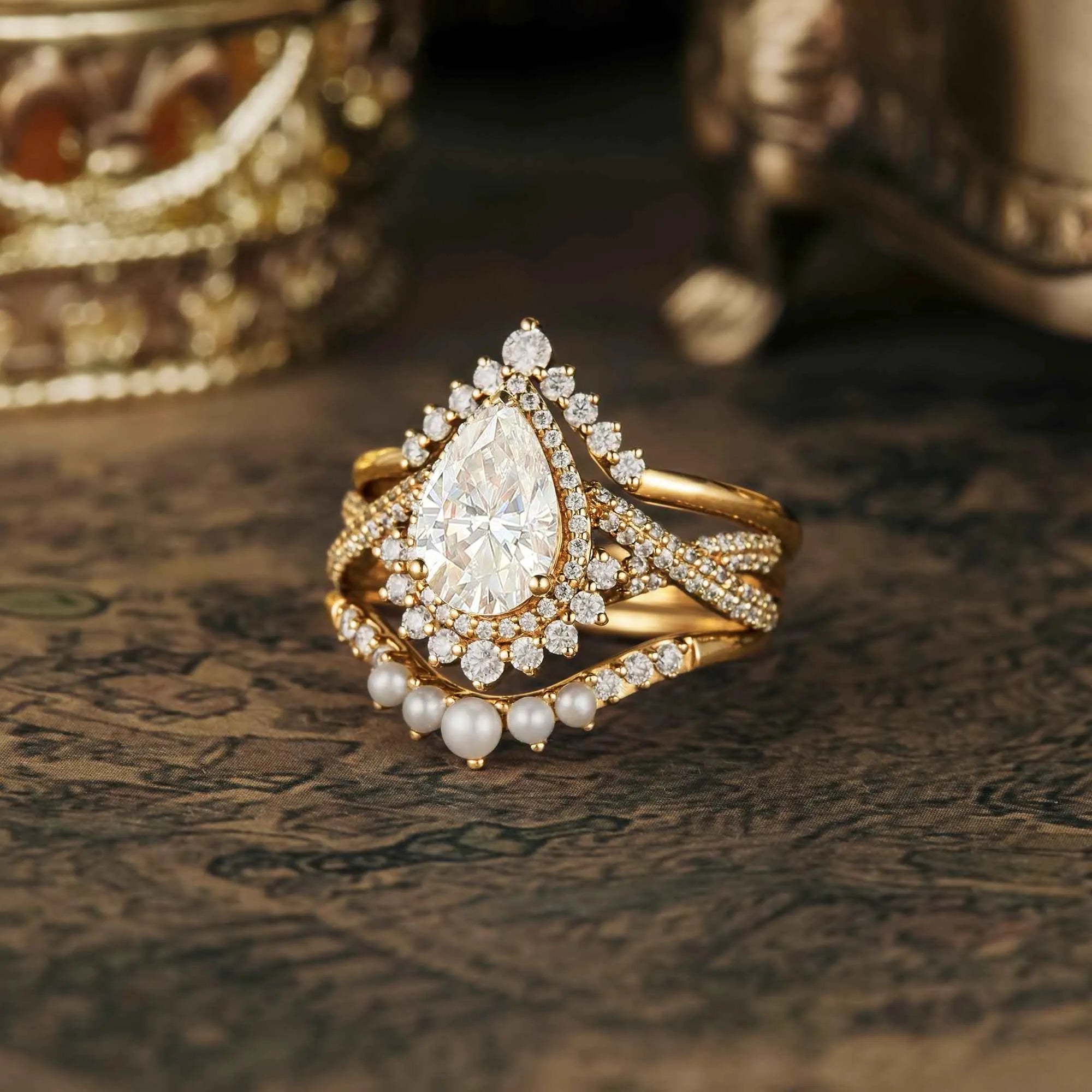 Pear Cut Moissanite Engagement Ring Set 3pcs - GemsMagic - GemsMagic