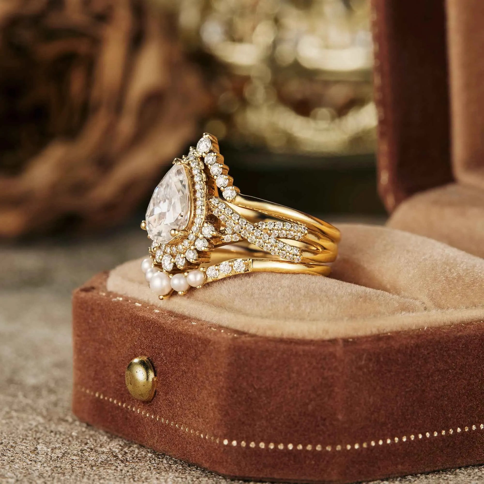 Pear Cut Moissanite Engagement Ring Set 3pcs - GemsMagic - GemsMagic