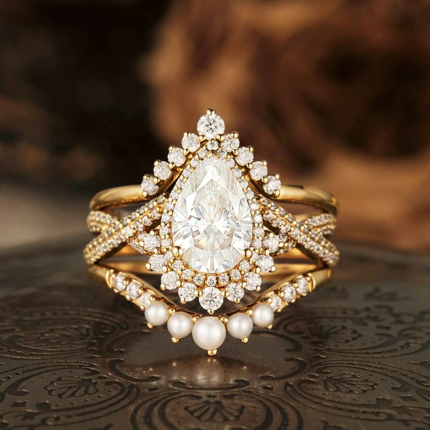 Pear Cut Moissanite Engagement Ring Set 3pcs - GemsMagic - GemsMagic