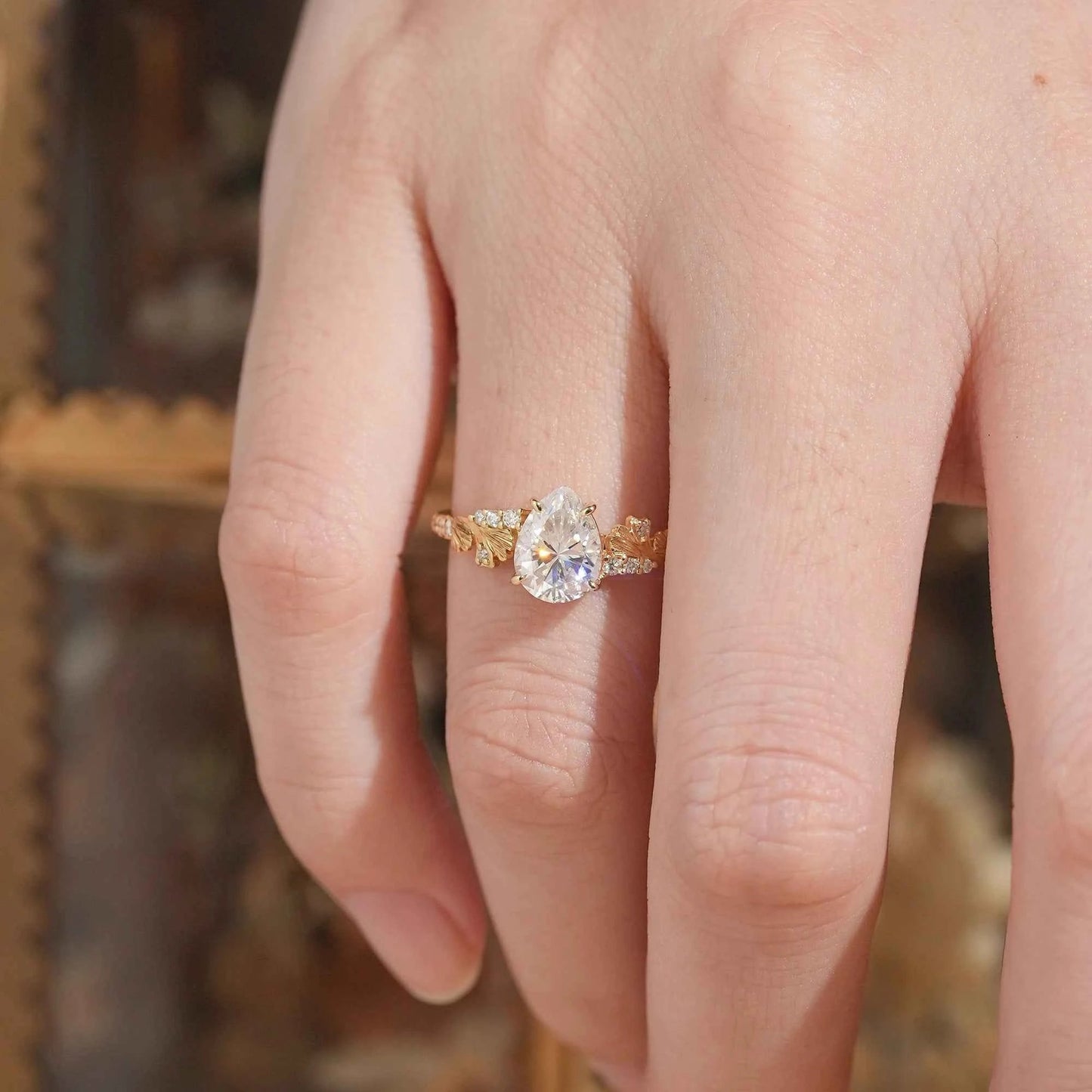 Pear Cut Moissanite Ginkgo Leaf Inspired Engagement Ring - GemsMagic