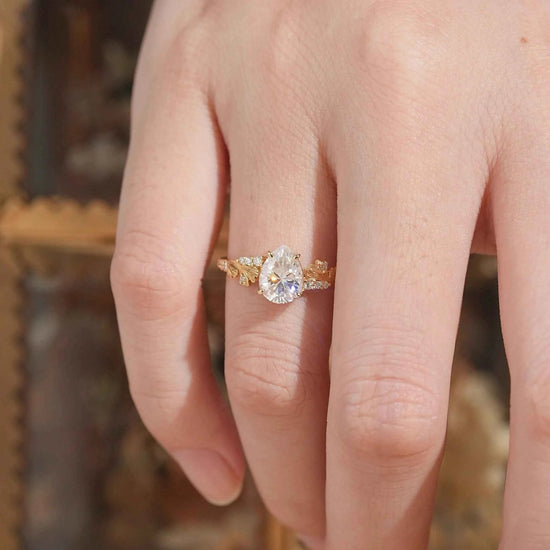 Pear Cut Moissanite Ginkgo Leaf Inspired Engagement Ring - GemsMagic