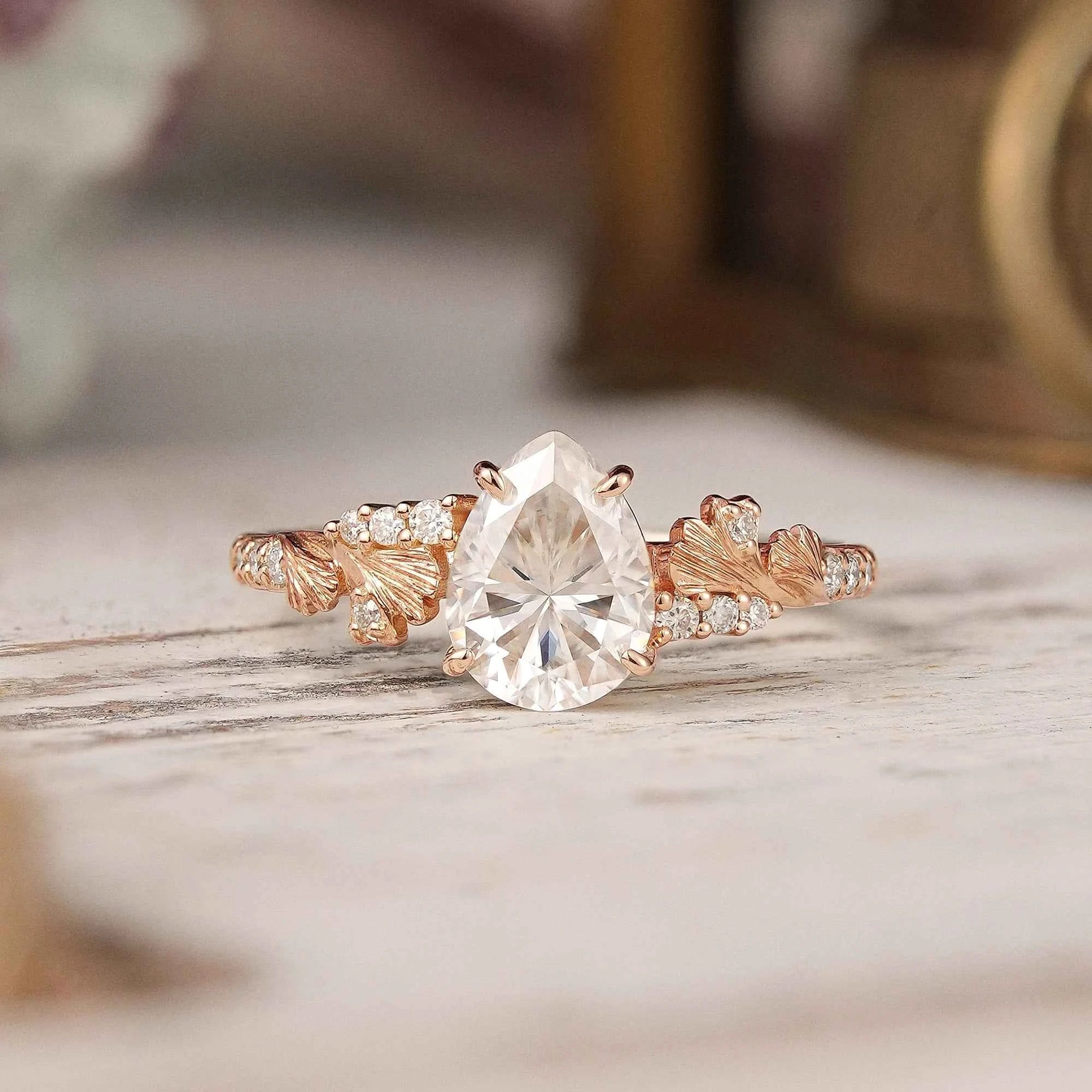 Pear Cut Moissanite Ginkgo Leaf Inspired Engagement Ring - GemsMagic
