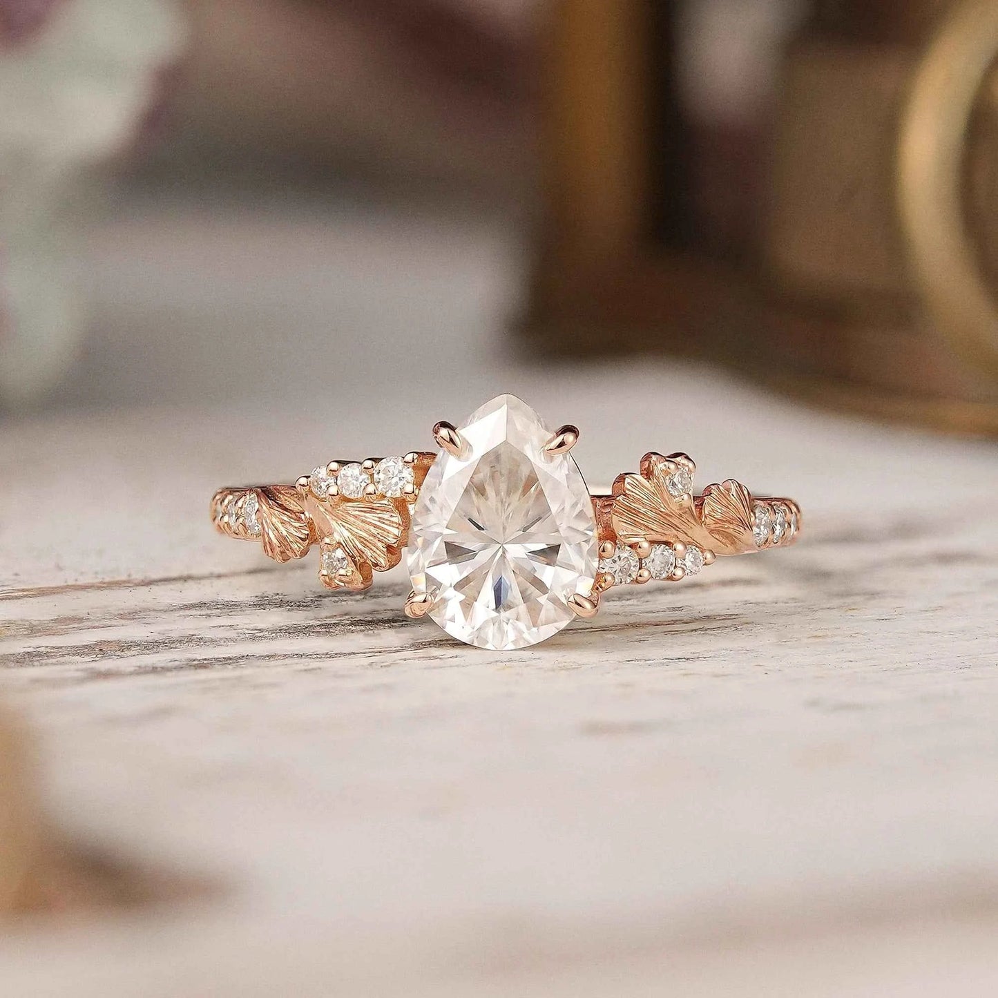 Pear Cut Moissanite Ginkgo Leaf Inspired Engagement Ring - GemsMagic