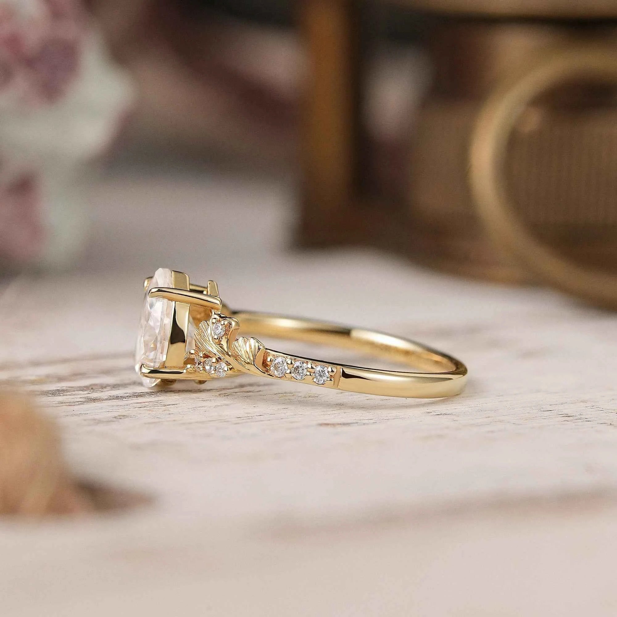 Pear Cut Moissanite Ginkgo Leaf Inspired Engagement Ring - GemsMagic