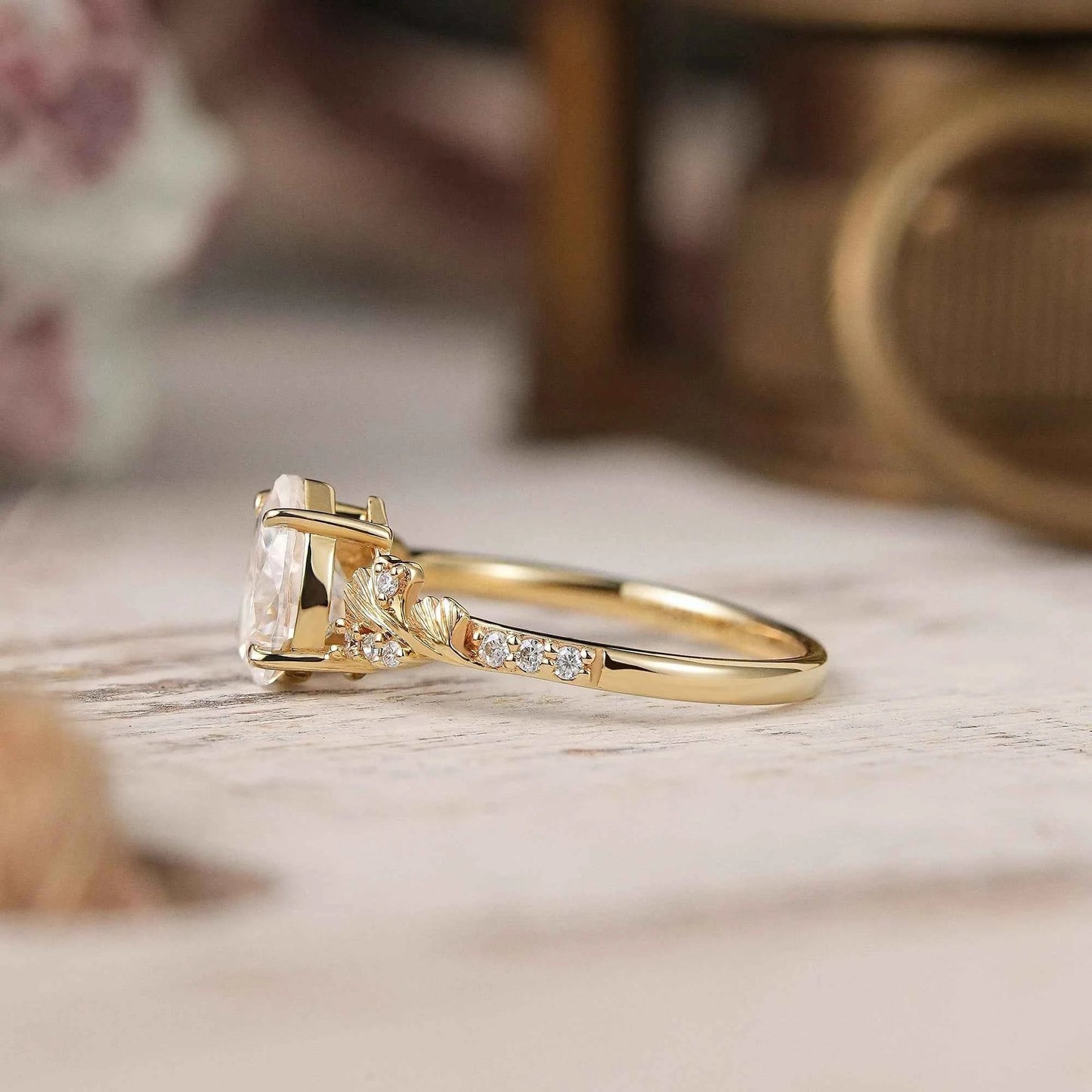 Pear Cut Moissanite Ginkgo Leaf Inspired Engagement Ring - GemsMagic