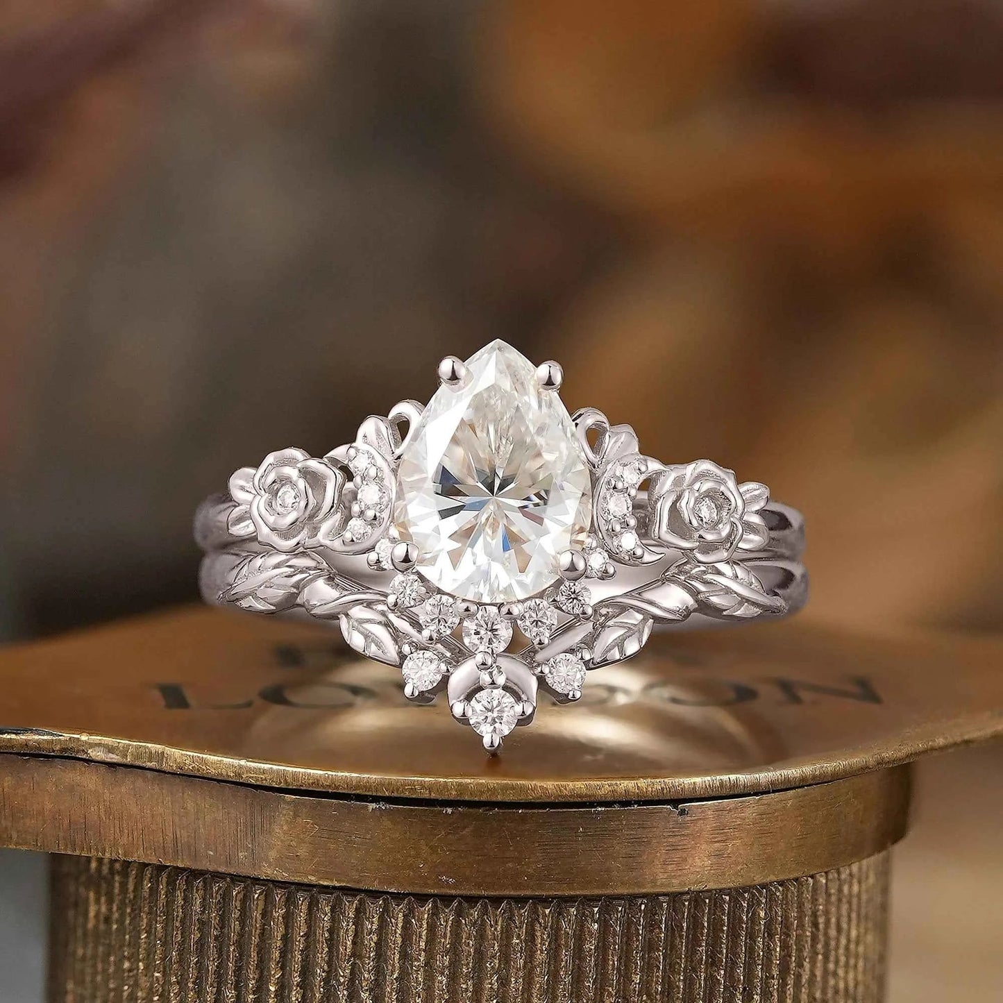 Pear Cut Moissanite Moon And Flower Inspired Bridal Ring Set - GemsMagic