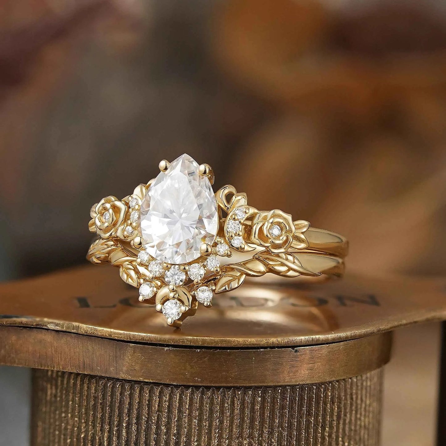 Pear Cut Moissanite Moon And Flower Inspired Bridal Ring Set - GemsMagic