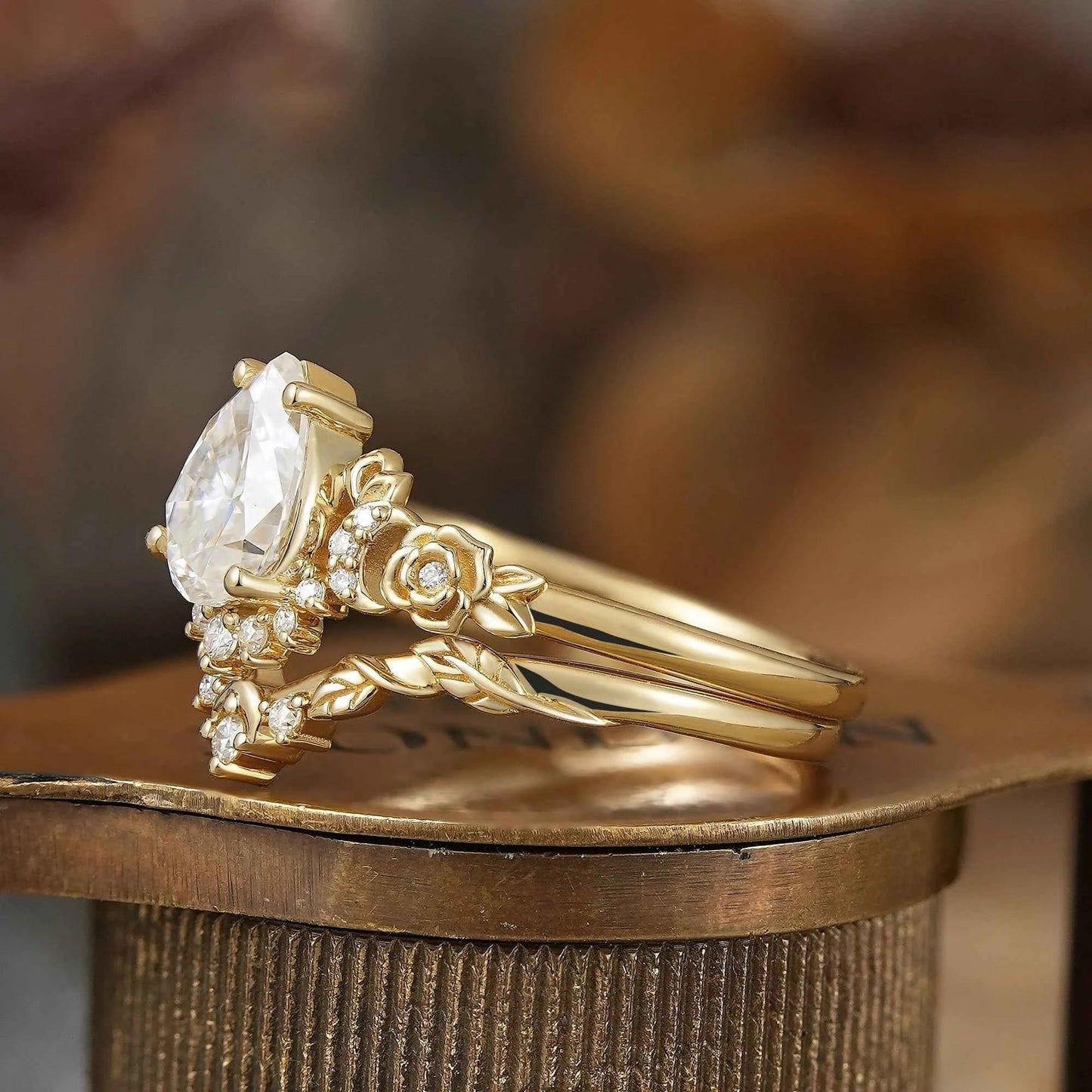 Pear Cut Moissanite Moon And Flower Inspired Bridal Ring Set - GemsMagic