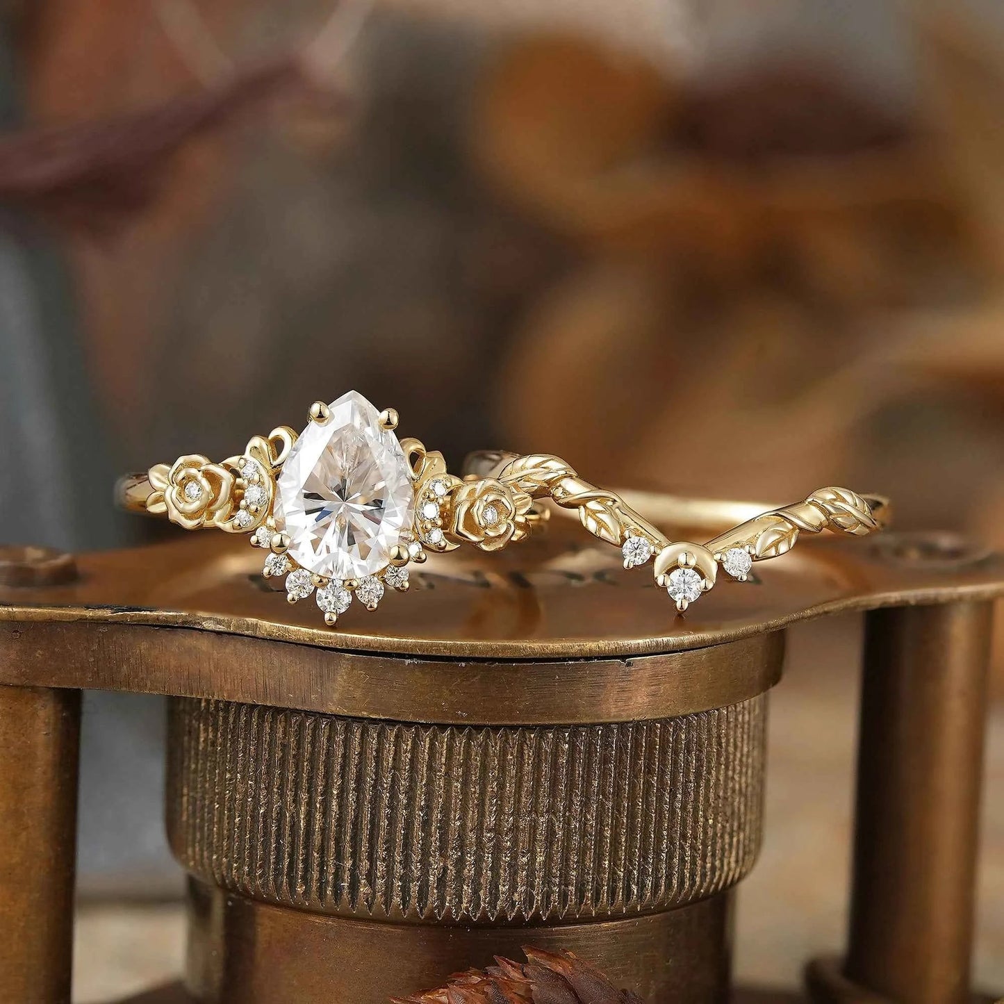Pear Cut Moissanite Moon And Flower Inspired Bridal Ring Set - GemsMagic