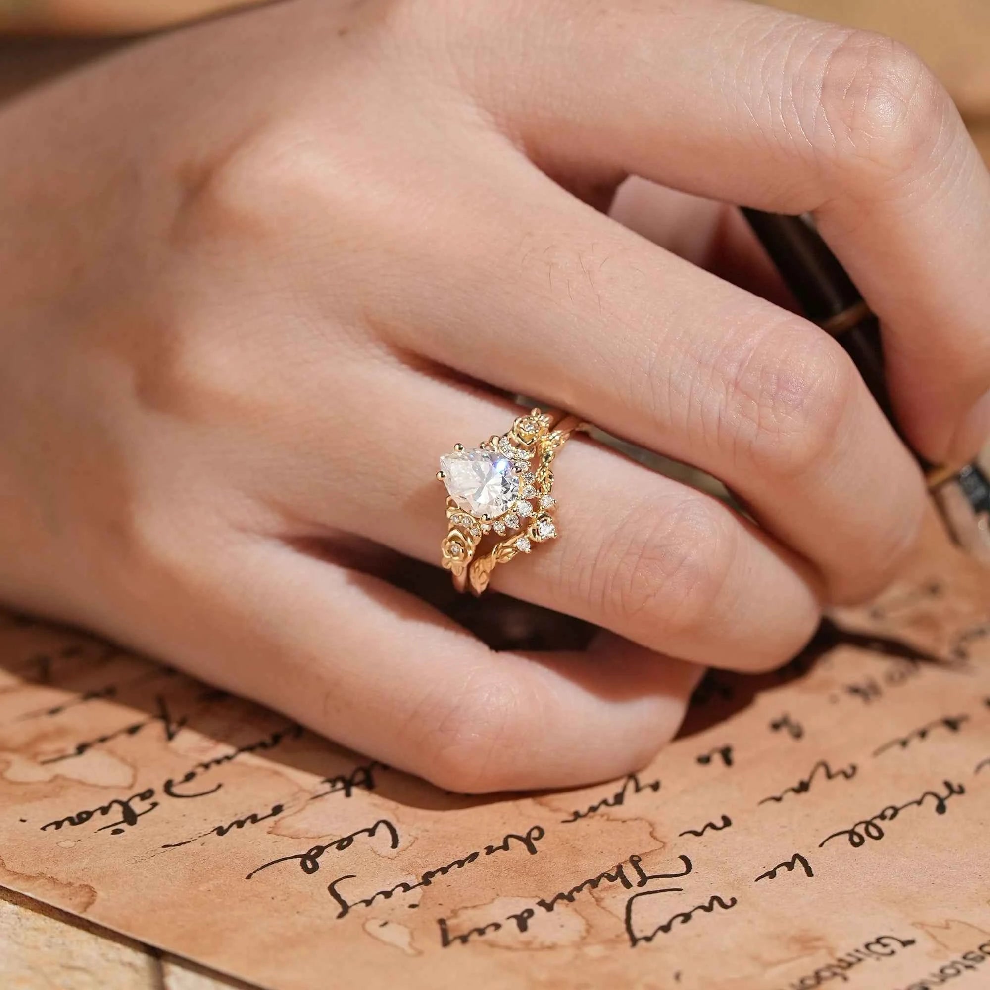 Pear Cut Moissanite Moon And Flower Inspired Bridal Ring Set - GemsMagic