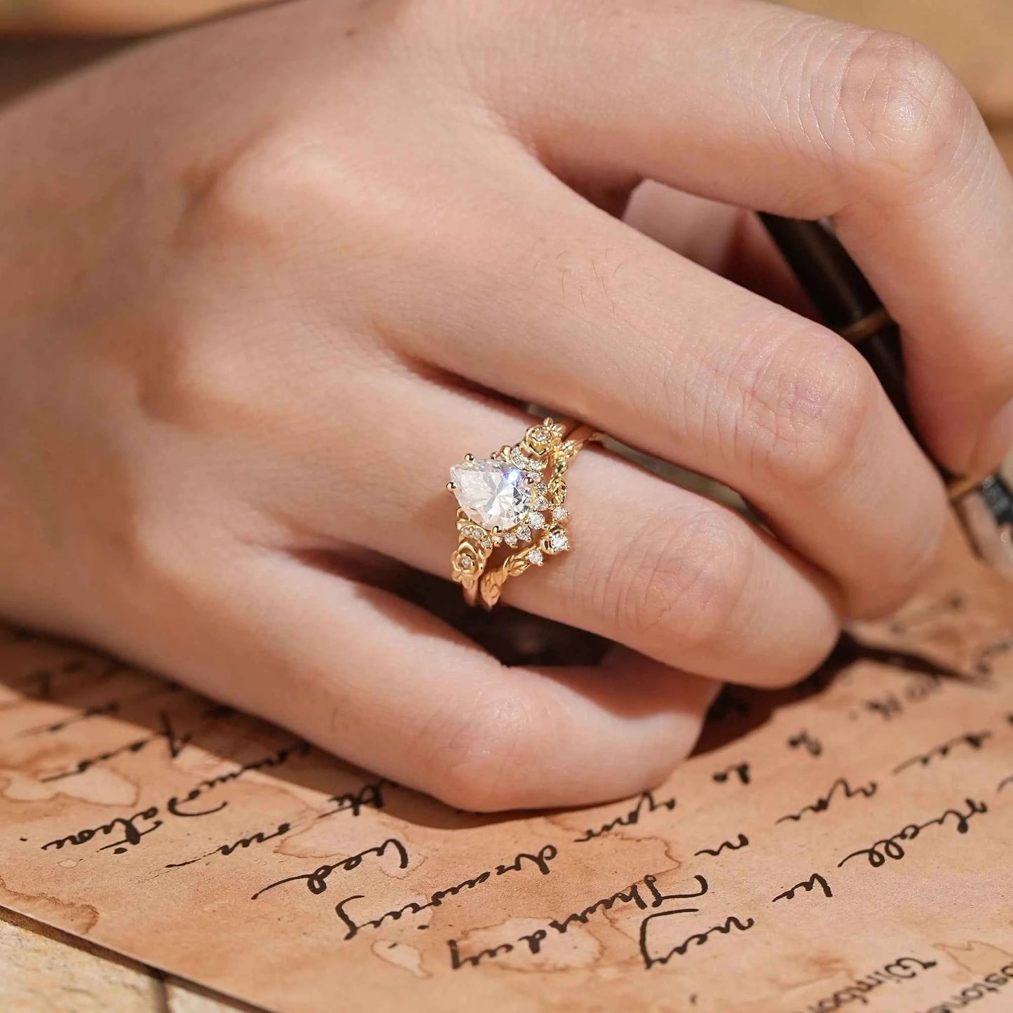 Pear Cut Moissanite Moon And Flower Inspired Bridal Ring Set - GemsMagic