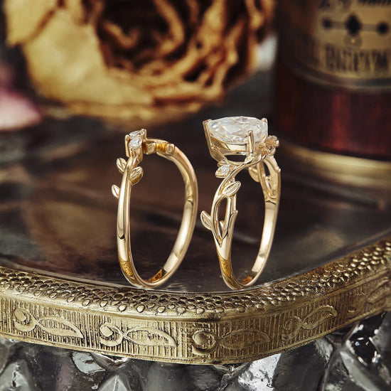 Pear Cut Moissanite Twisted Leaf Engagement Ring Set 2pcs - GemsMagic - GemsMagic