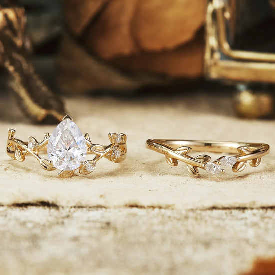 Pear Cut Moissanite Twisted Leaf Engagement Ring Set 2pcs - GemsMagic - GemsMagic