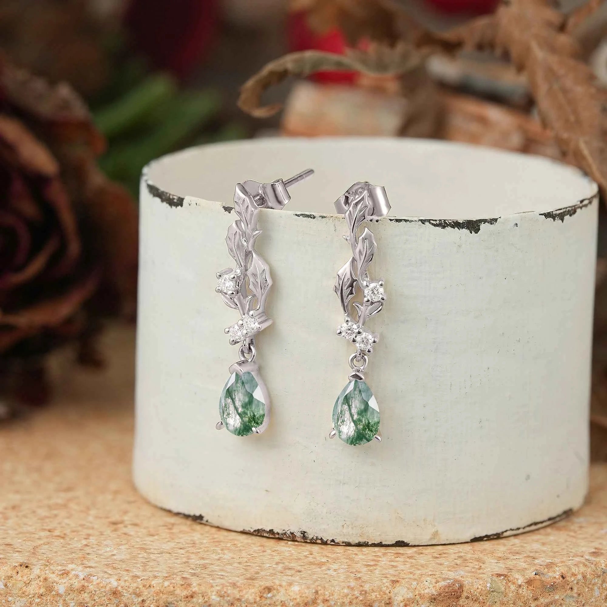 Pear Cut Moss Agate Leaf Inspired Mistletoe Earrings