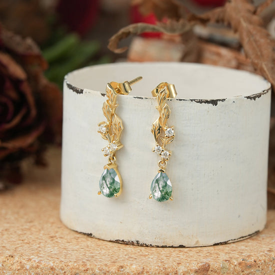 Pear Cut Moss Agate Leaf Inspired Mistletoe Earrings - GemsMagic