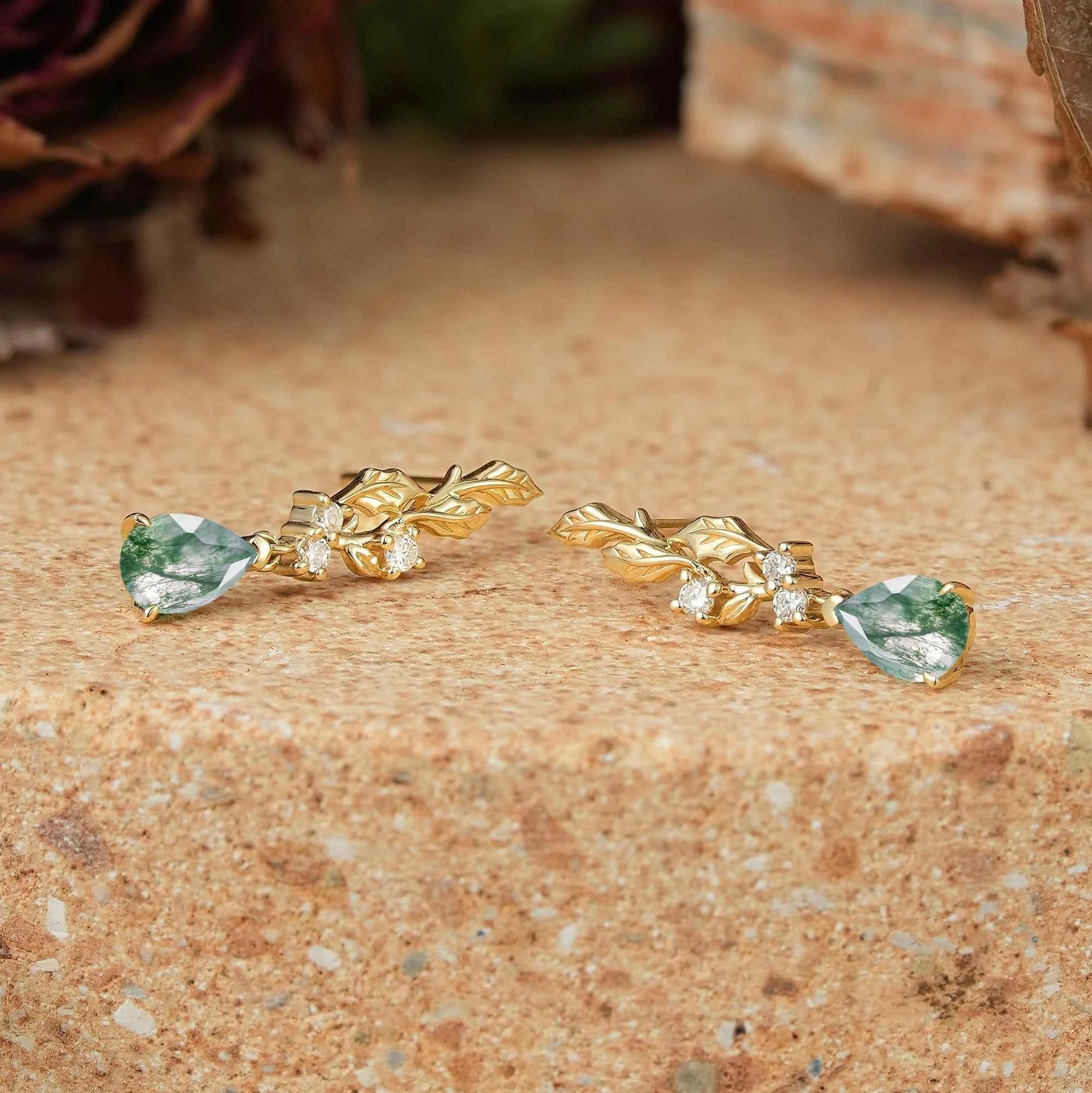 Pear Cut Moss Agate Leaf Inspired Mistletoe Earrings