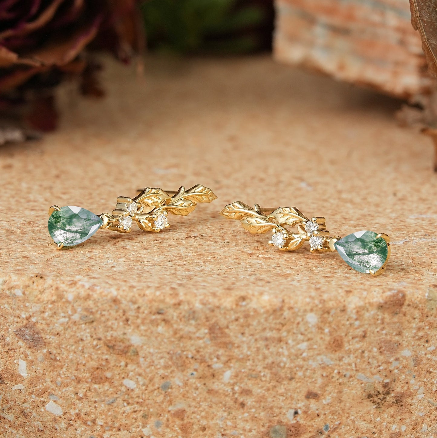 Pear Cut Moss Agate Leaf Inspired Mistletoe Earrings - GemsMagic