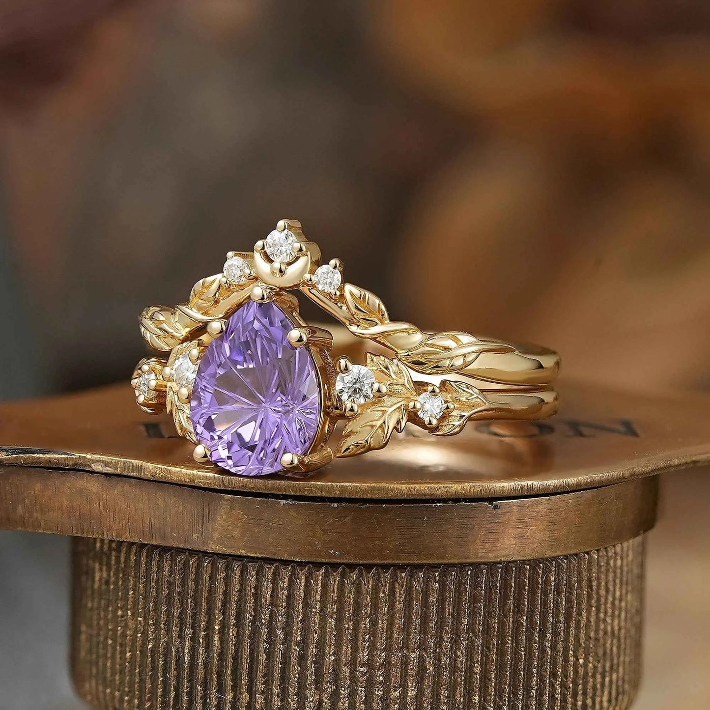 Pear Cut Purple Sapphire Sparkle Cut Leaf And Moon Inspired Bridal Ring Set - GemsMagic