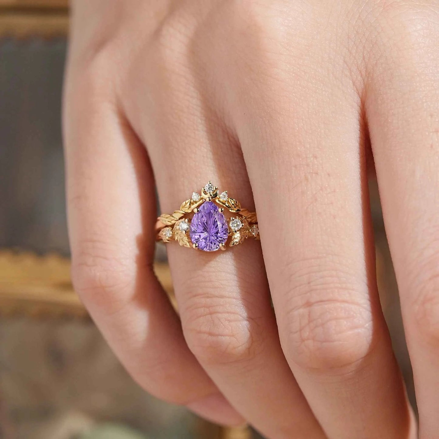 Pear Cut Purple Sapphire Sparkle Cut Leaf And Moon Inspired Bridal Ring Set - GemsMagic