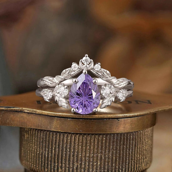 Pear Cut Purple Sapphire Sparkle Cut Leaf And Moon Inspired Bridal Ring Set - GemsMagic