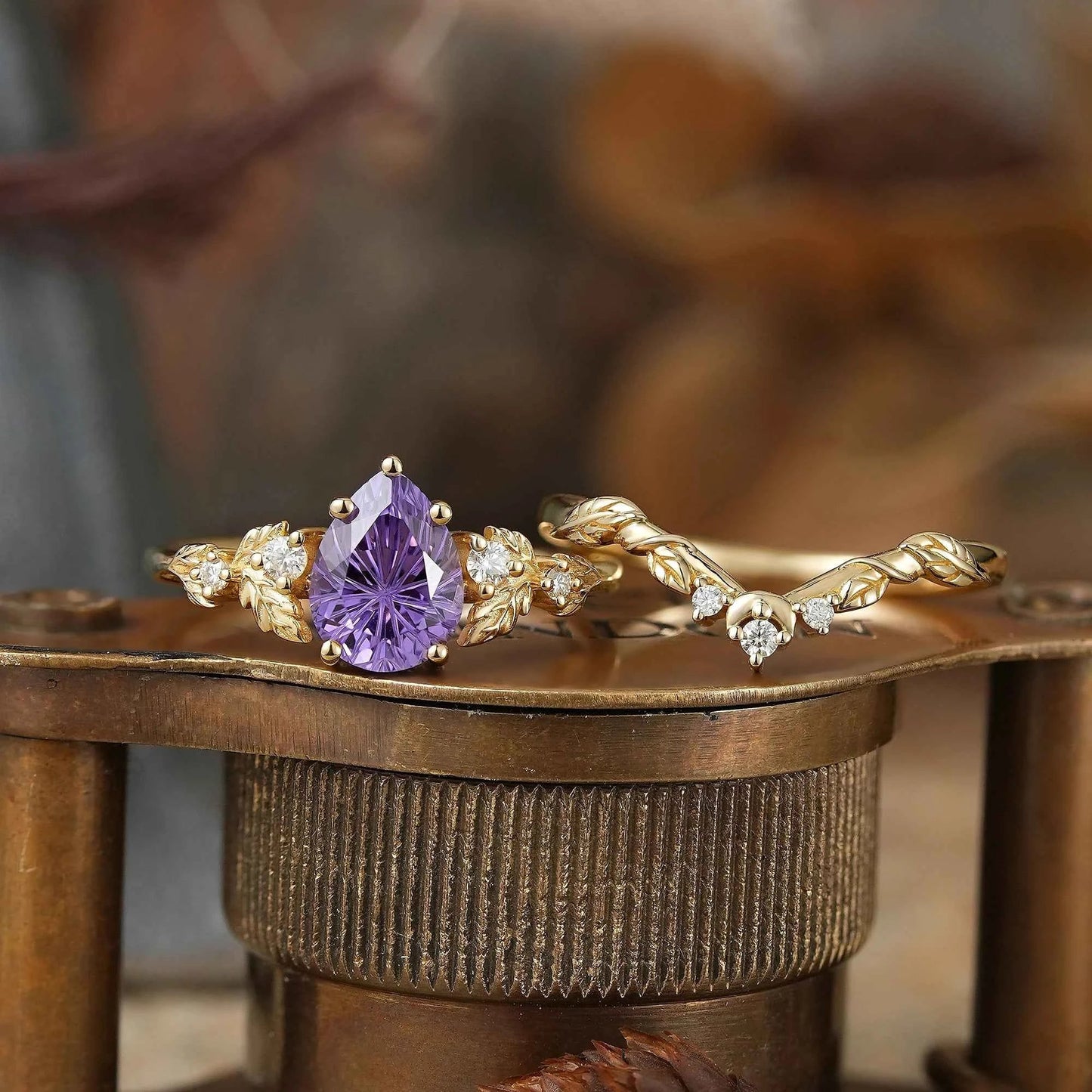 Pear Cut Purple Sapphire Sparkle Cut Leaf And Moon Inspired Bridal Ring Set - GemsMagic