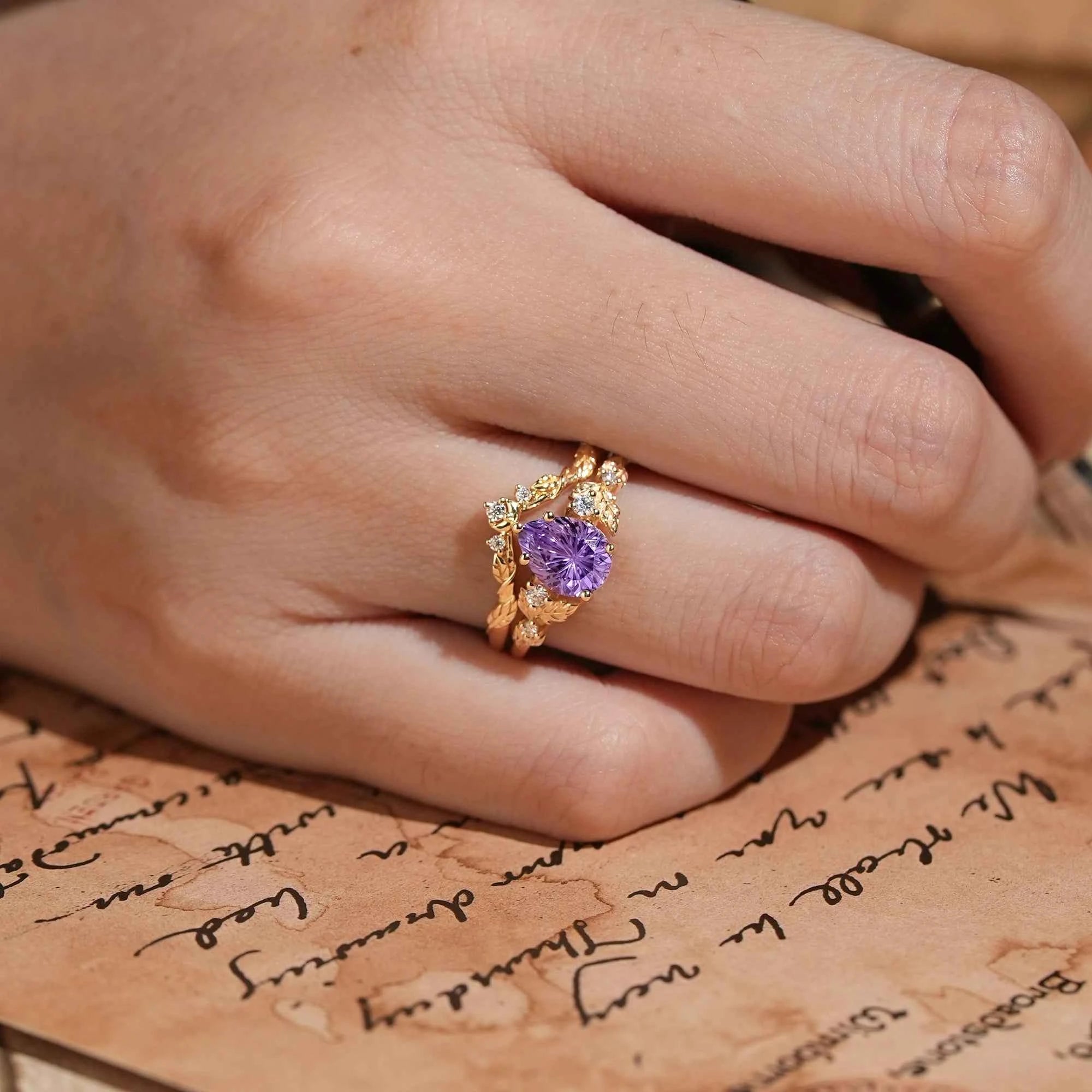 Pear Cut Purple Sapphire Sparkle Cut Leaf And Moon Inspired Bridal Ring Set - GemsMagic