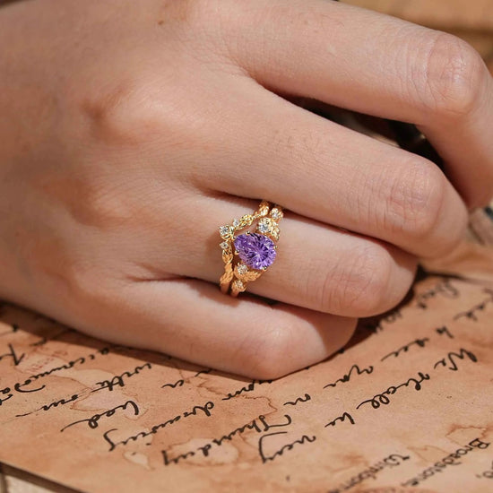 Pear Cut Purple Sapphire Sparkle Cut Leaf And Moon Inspired Bridal Ring Set - GemsMagic