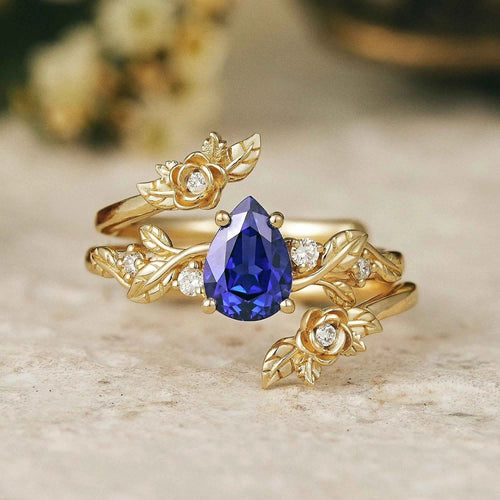 Pear Cut Royal Blue Sapphire Floral Ring Set Rose Blossom - Camille