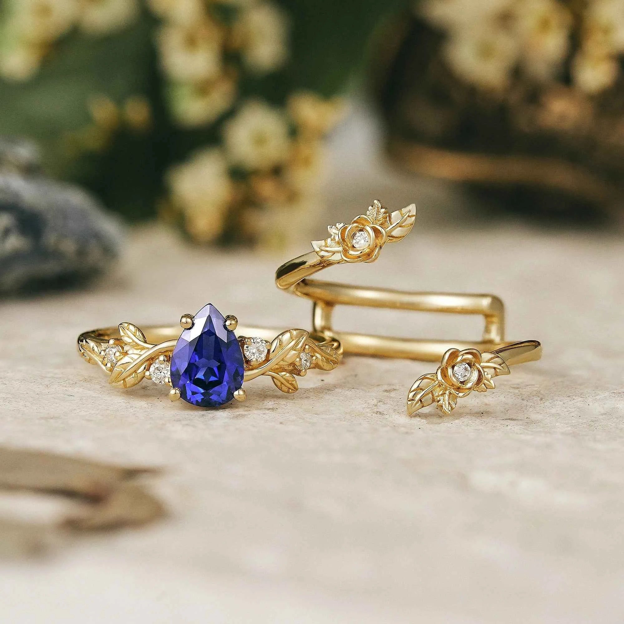 Pear Cut Royal Blue Sapphire Floral Ring Set Rose Blossom - Camille - GemsMagic