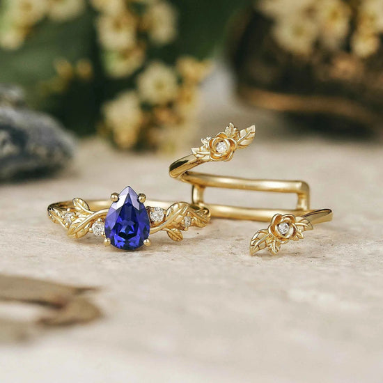 Pear Cut Royal Blue Sapphire Floral Ring Set Rose Blossom - Camille - GemsMagic