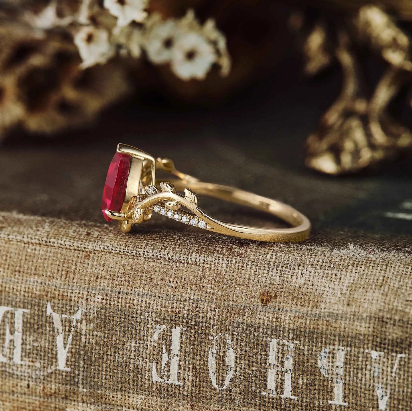 Pear Cut Ruby Nature Inspired Engagement Ring - GemsMagic