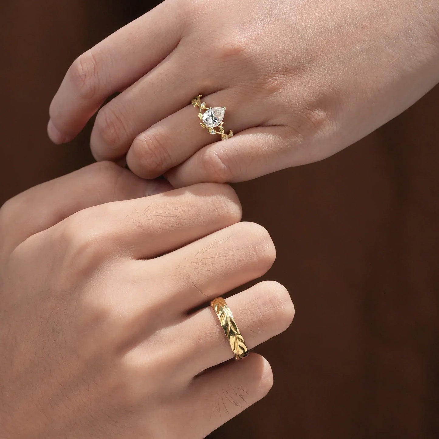 Pear - Cut Vine and Leaf Gold Couple’s Ring Set - Bound by Love - GemsMagic