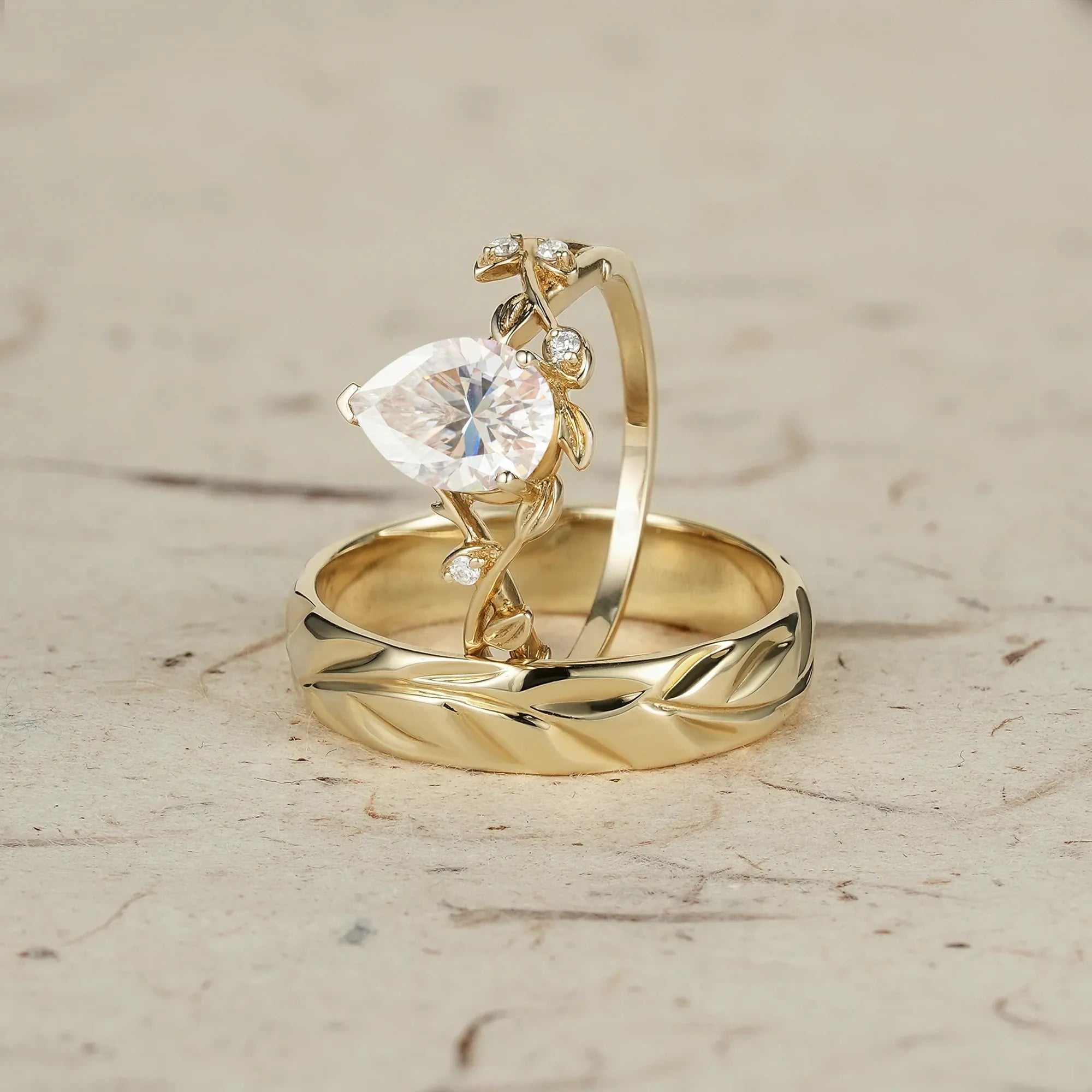 Pear - Cut Vine and Leaf Gold Couple’s Ring Set - Bound by Love - GemsMagic