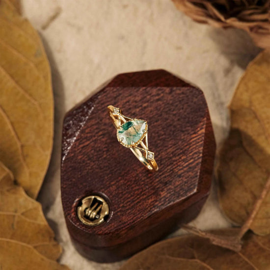 Pear Dainty Moss Agate Engagement Ring - GemsMagic - GemsMagic