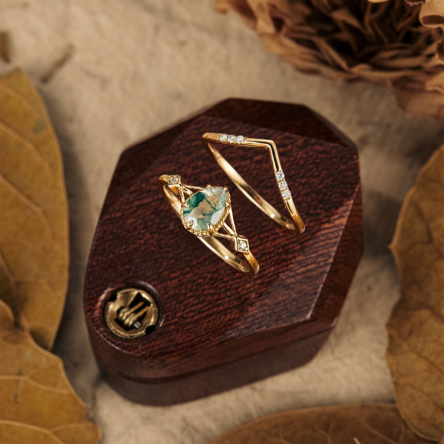 Pear Dainty Moss Agate&Moissanite Engagement Ring Set 2pcs - GemsMagic - GemsMagic