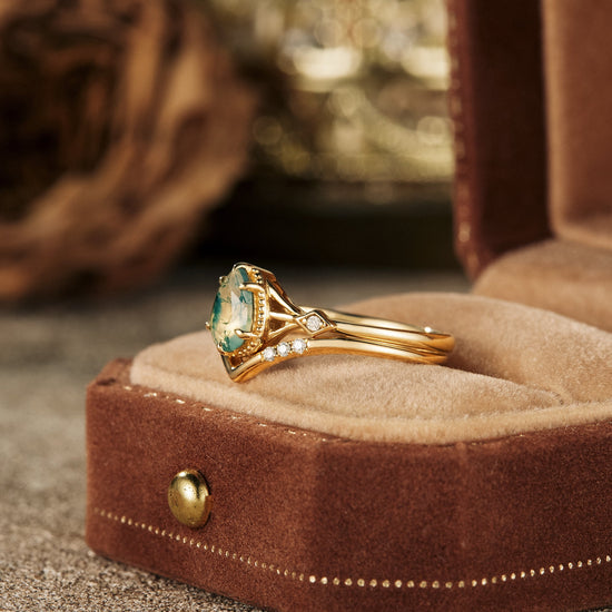 Pear Dainty Moss Agate&Moissanite Engagement Ring Set 2pcs - GemsMagic - GemsMagic