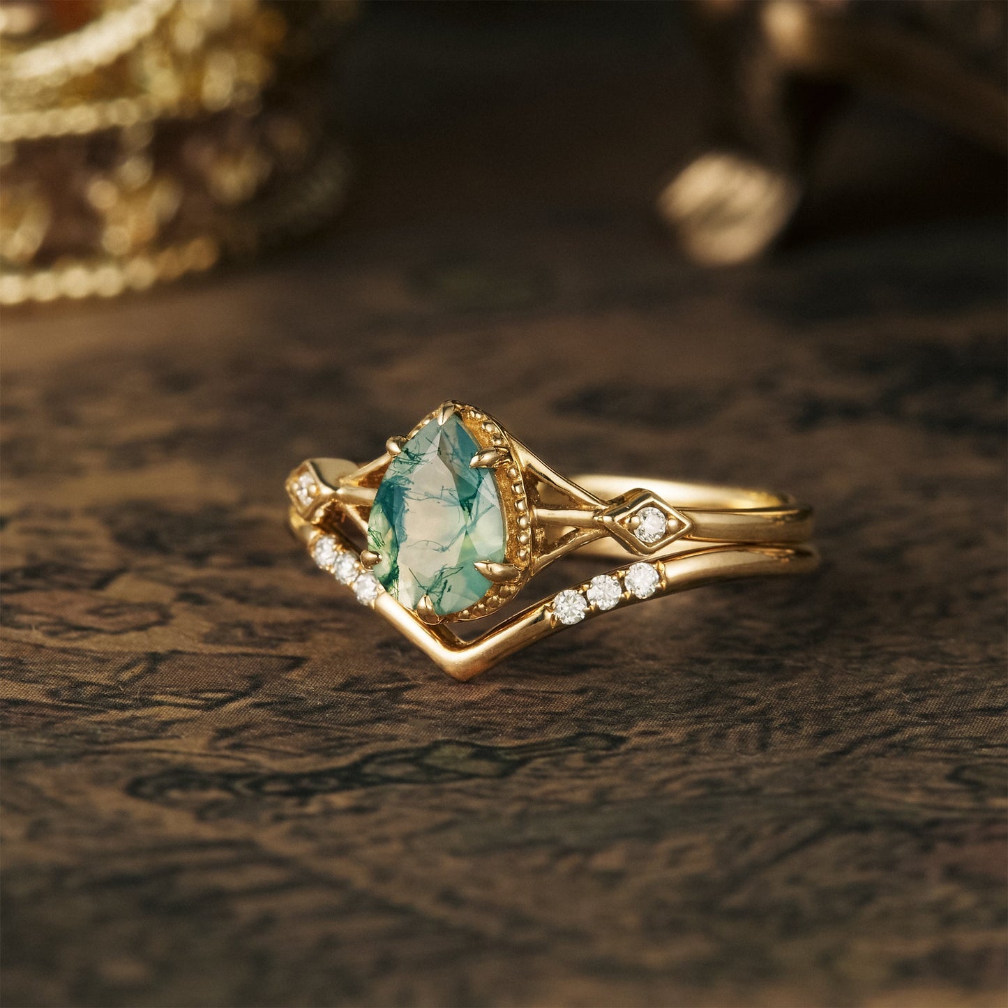 Pear Dainty Moss Agate&Moissanite Engagement Ring Set 2pcs - GemsMagic - GemsMagic
