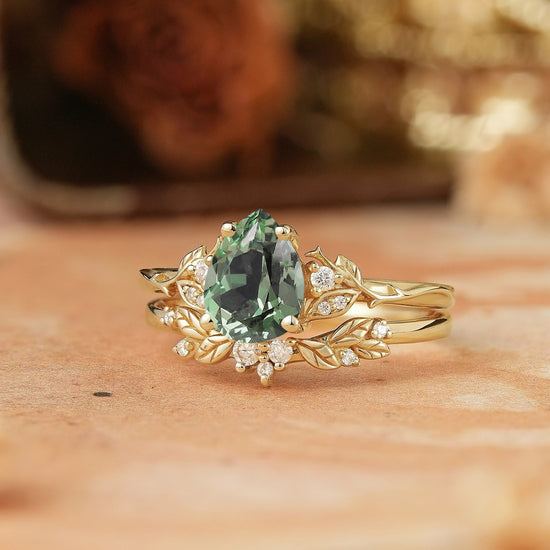 Pear Green Sapphire Leaf Inspired Bridal Ring Set - GemsMagic - GemsMagic